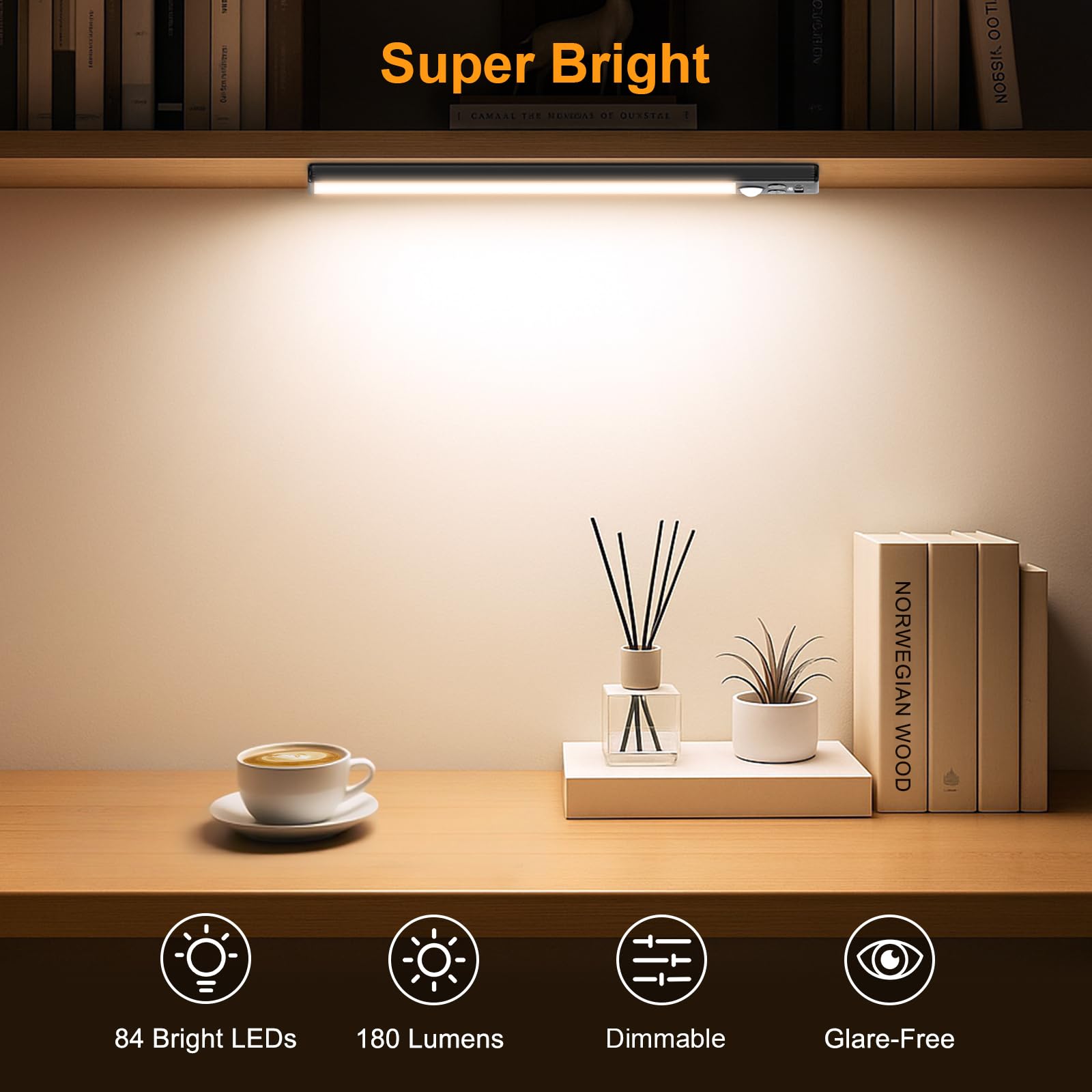 Gritin 10.2inch Under Cabinet Lighting Rechargeable 2 Pack-3 Color Temps&5 Level Brightness,Super Bright,4 Modes,Motion Sensor,Long Lasting-Easy Installation Wireless Magneti Closet Lights-Black - 3