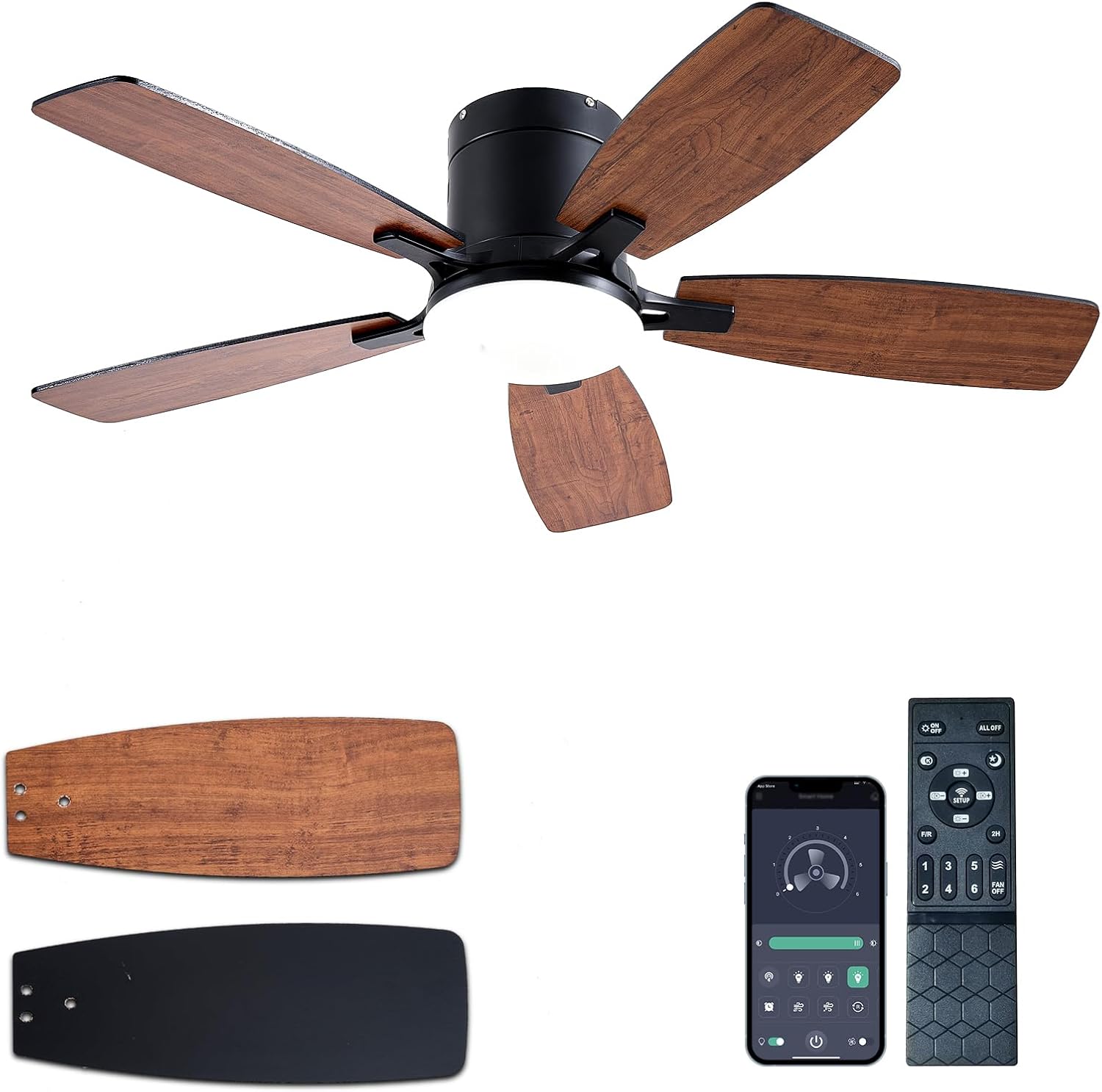 Ceiling Fans with Lights, 42 inch Low Profile Ceiling Fan with Light and Remote Control, Flush Mount, LED Dimmable DC Reversible Modern Ceiling Fan for Bedroom