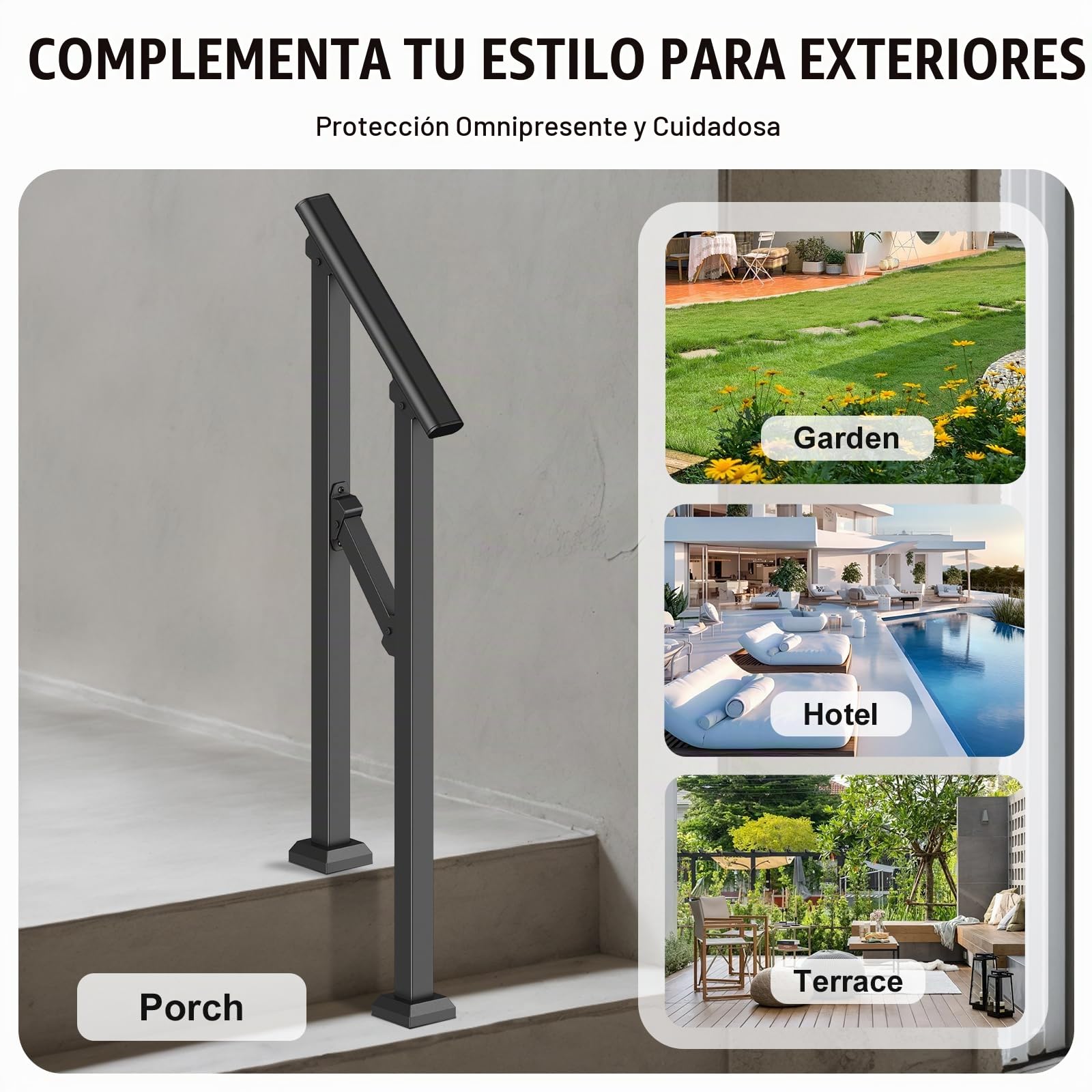 VEVOR Barandilla de Escalera para Pasamanos de Escalera de 1-2 Escalones con Kit de Instalación Tubo Cuadrado de Acero al Carbono para Personas Mayores, Escalones de Concreto, Porche, Patio, Negro