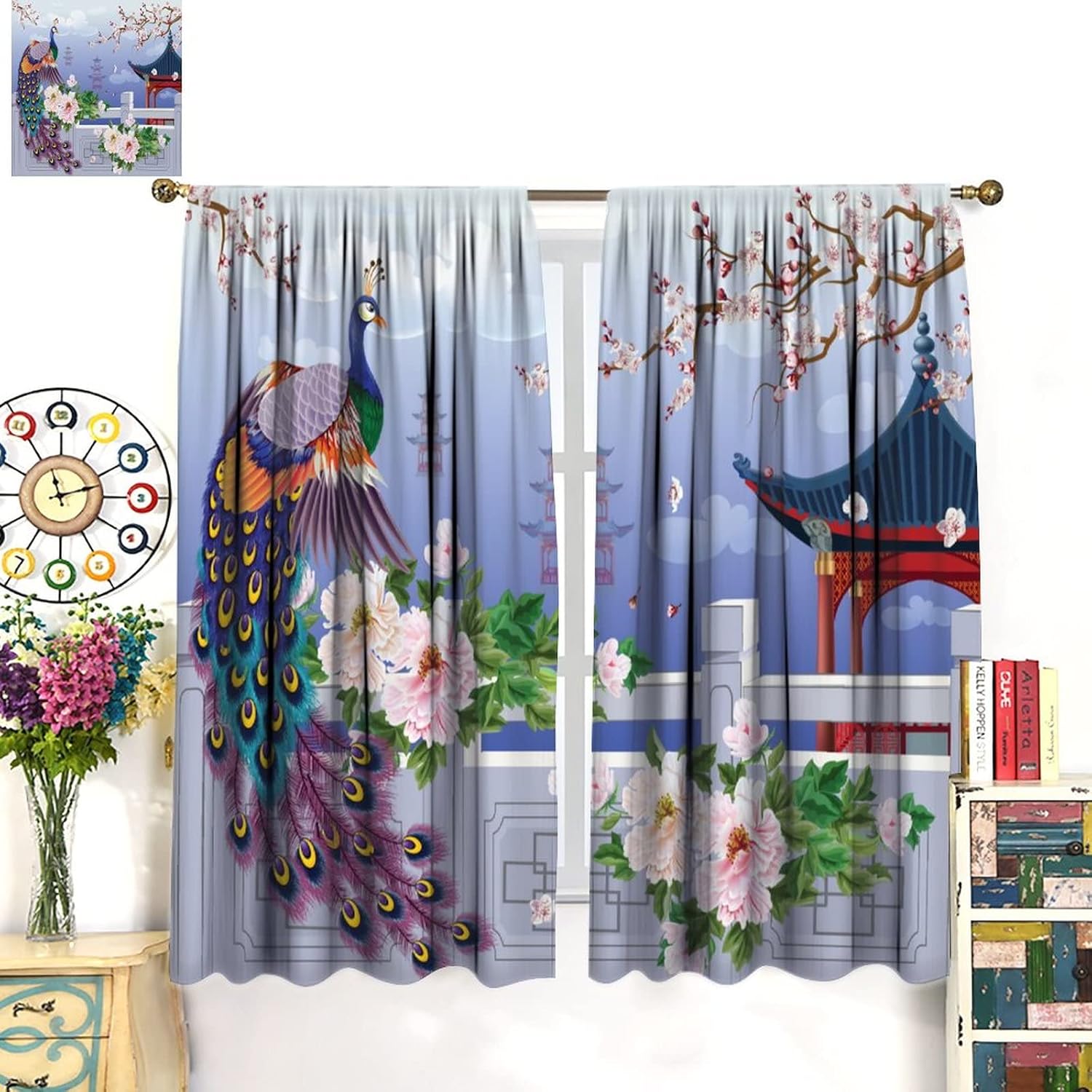 Peacock Plum Curtains for Living Room,Chinese Style Art Window Treatments Bedroom Curtain,Japanese Theme Home Decor Blackout Drapes 2 Panel Set W42xL63in