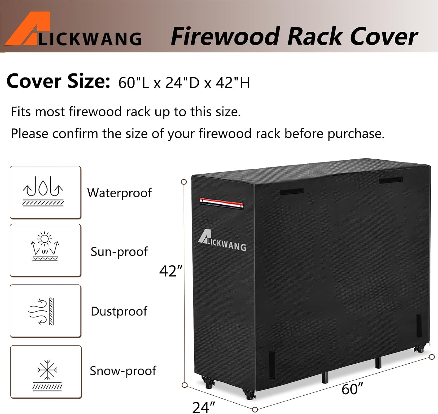 5ft Firewood Rack Cover,Heavy Duty 600D Waterproof Outdoor Firewood Storage Rack Covers,All Weather Protection Outdoor Firewood Rack Covers.24 D x 60" W x 42" H(Cover Only)