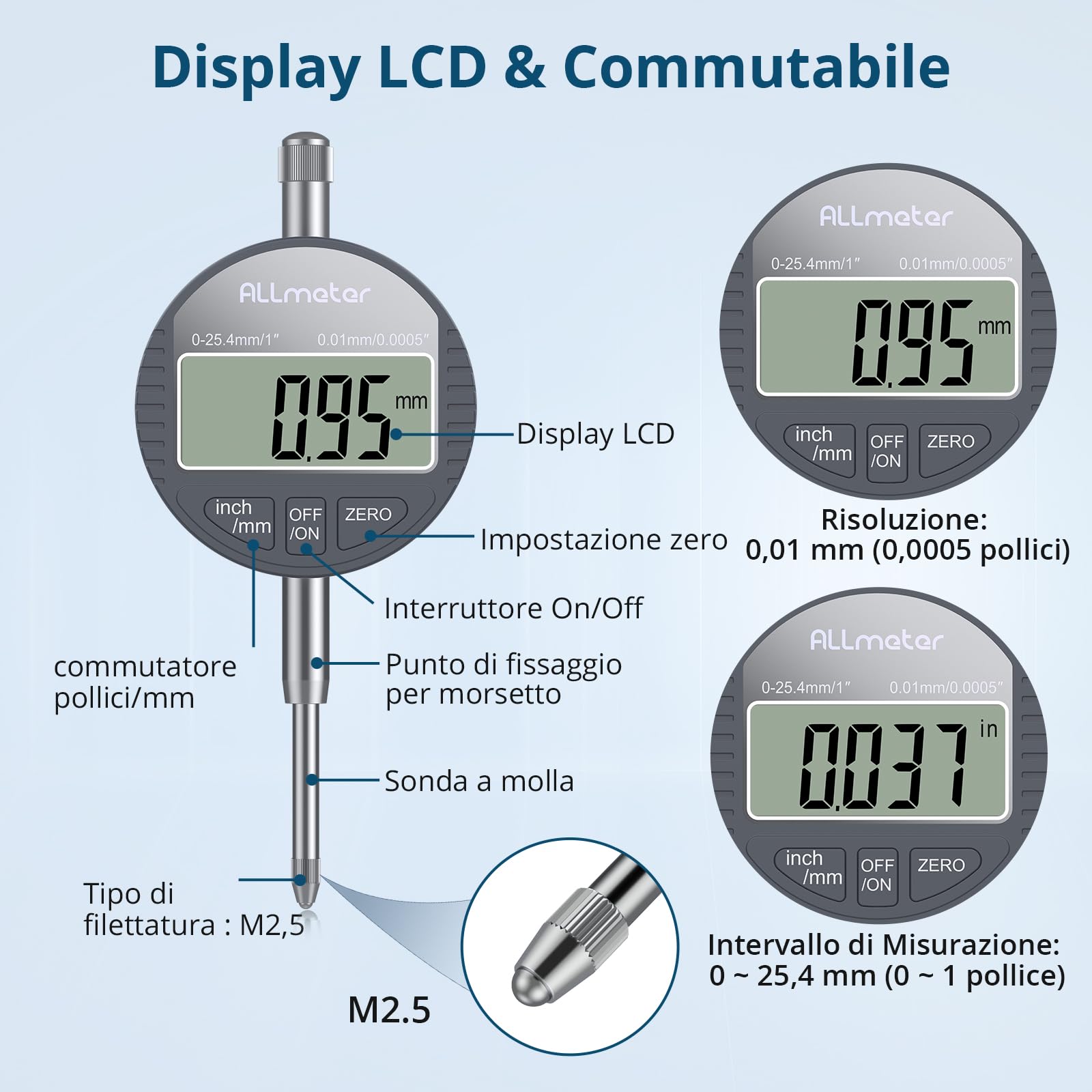 LCD Comparatore Centesimale 0-25.4mm con Base Magnetica Flessibile 80KG, Controllo ON/OFF, Indicatore Digitale di Precisione 0.01mm/0.0005" con Braccio Regolabile e Valigetta