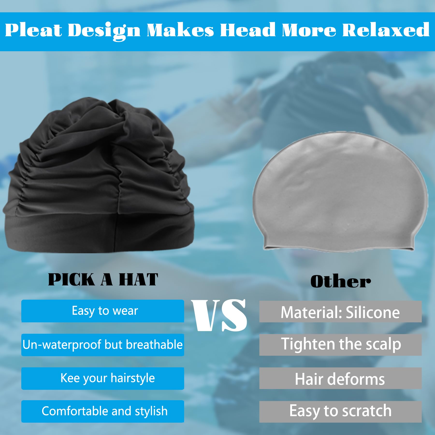 Bonnet de bain en tissu pour cheveux longs/courts - Bonnet de bain plissé élastique confortable pour garder la coiffure inchangée Bonnet de bain en tissu pour cheveux longs/courts - Bonnet de bain plissé élastique confortable pour garder la coiffure inchangée
