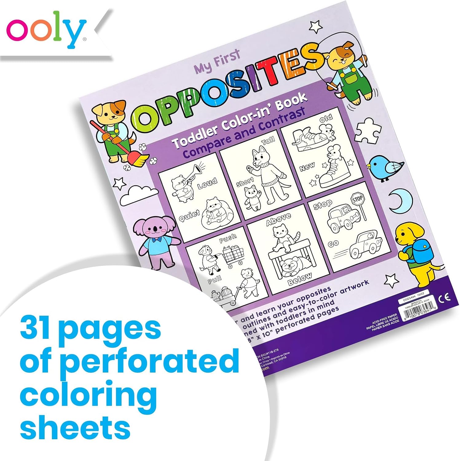 OOLY Coloring Book for Toddlers, Fun Activity Coloring Pages for Kids, 31 Perforated Pages 8"x10" to Hang, Great Kid's Activities for School, Birthday Parties, Road Trips - My First Opposites