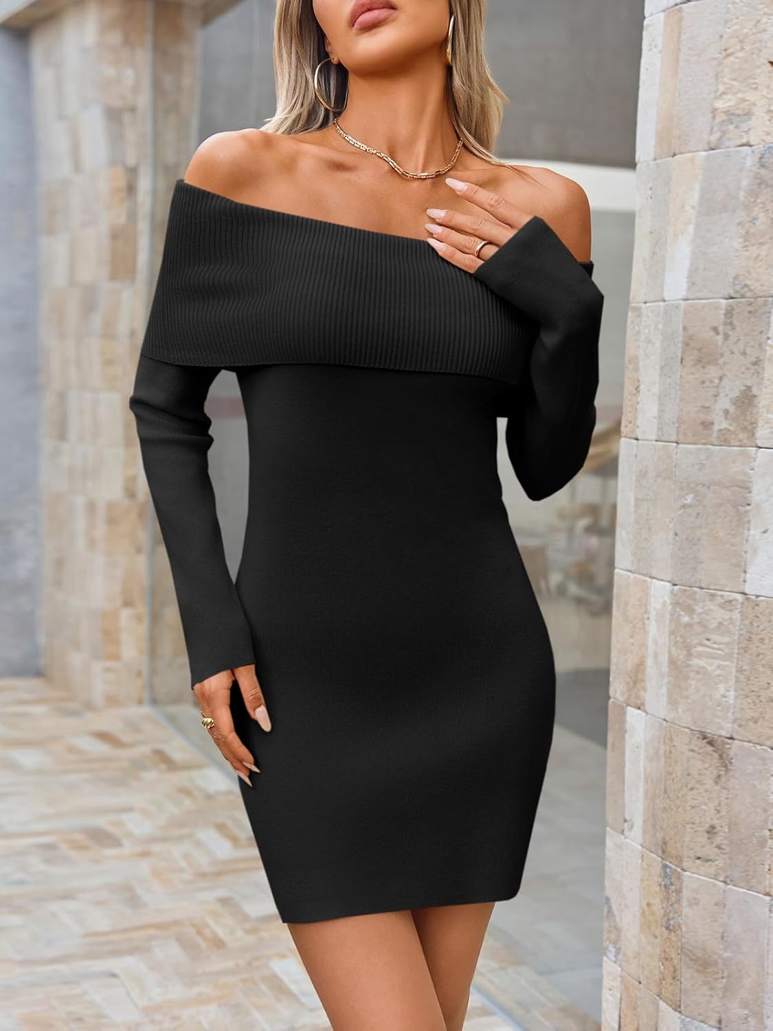 Wenrine Womens Off The Shoulder Sweater Dress Casual Ribbed Knit Long Sleeve Bodycon 2025 Fall Party Mini Dresses - Image 3