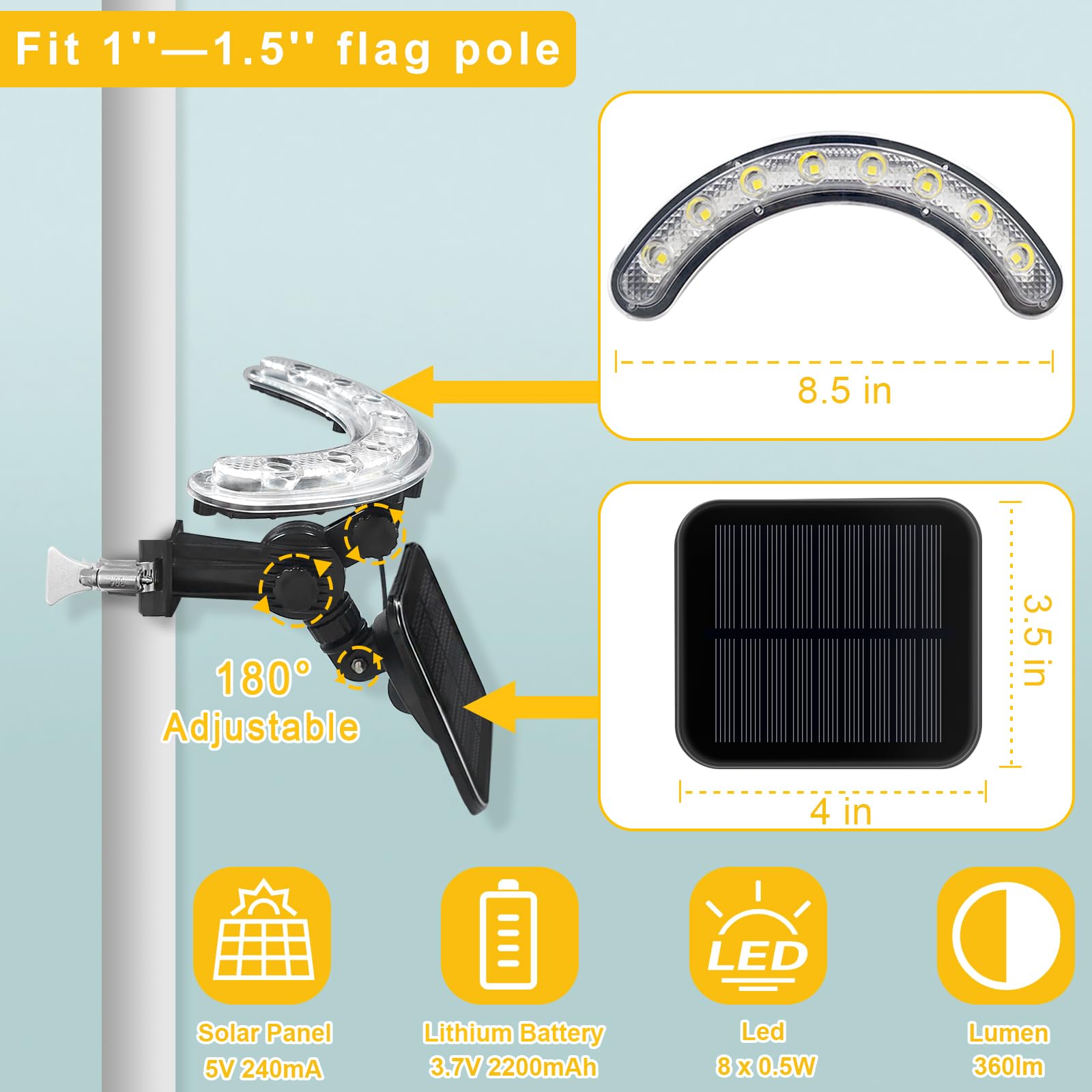 Solar-Fahnenmast-Licht, solarbetrieben, superhelle PC-Kristall-LED-Strahler, verbesserte 8000 mAh 4800 lm, verstellbare Halterung und Metallklemme, passend für 2,5–3,8 cm Fahnenmast, 8–12 Stunden