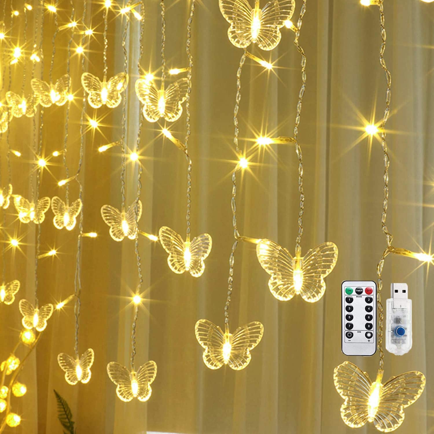 ELECDON Decorative Lights, Butterfly Curtain Lights, Window Fairy Light, 48LED Twinkle String Light with Remote, 4.9FT USB Powered, for Bedroom, Party, Wedding, Holiday, 8 Modes (Warm White)
