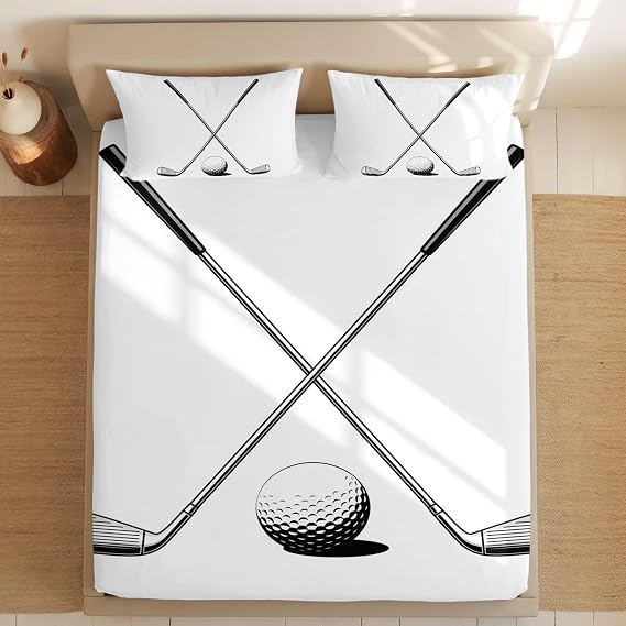Golf Ball Club Fitted Bed Sheets Twin Size Fit 5-16inch Deep Pockets,Luxury Bottom Sheet Bedding Set with Pillow Case,Classic Sport Fitted Sheet for Mattress