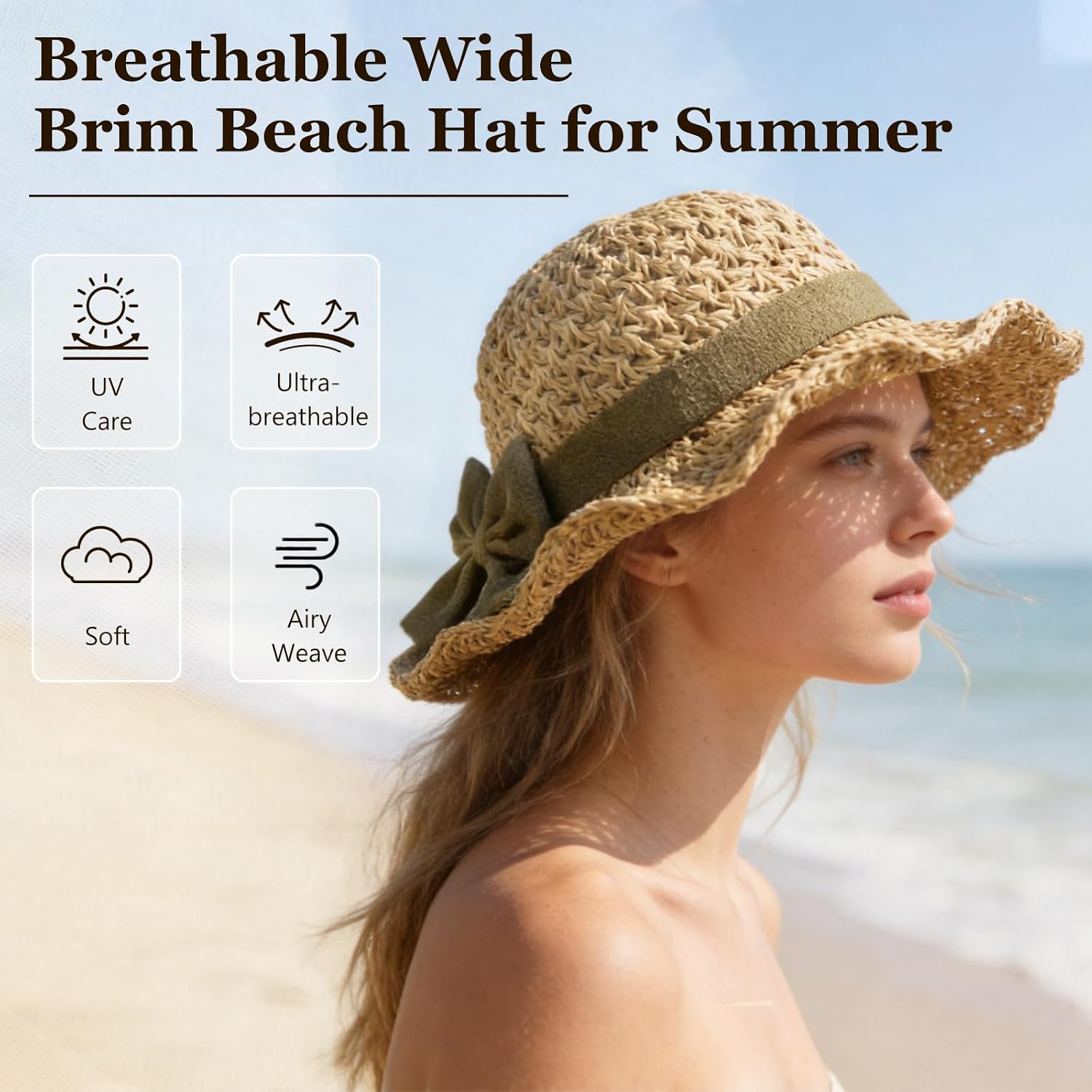 Elegant Woven Straw Sun Hat, 2026 New Womens Sun Hat, Wide Brim Bucket Foldable Breathable for Women