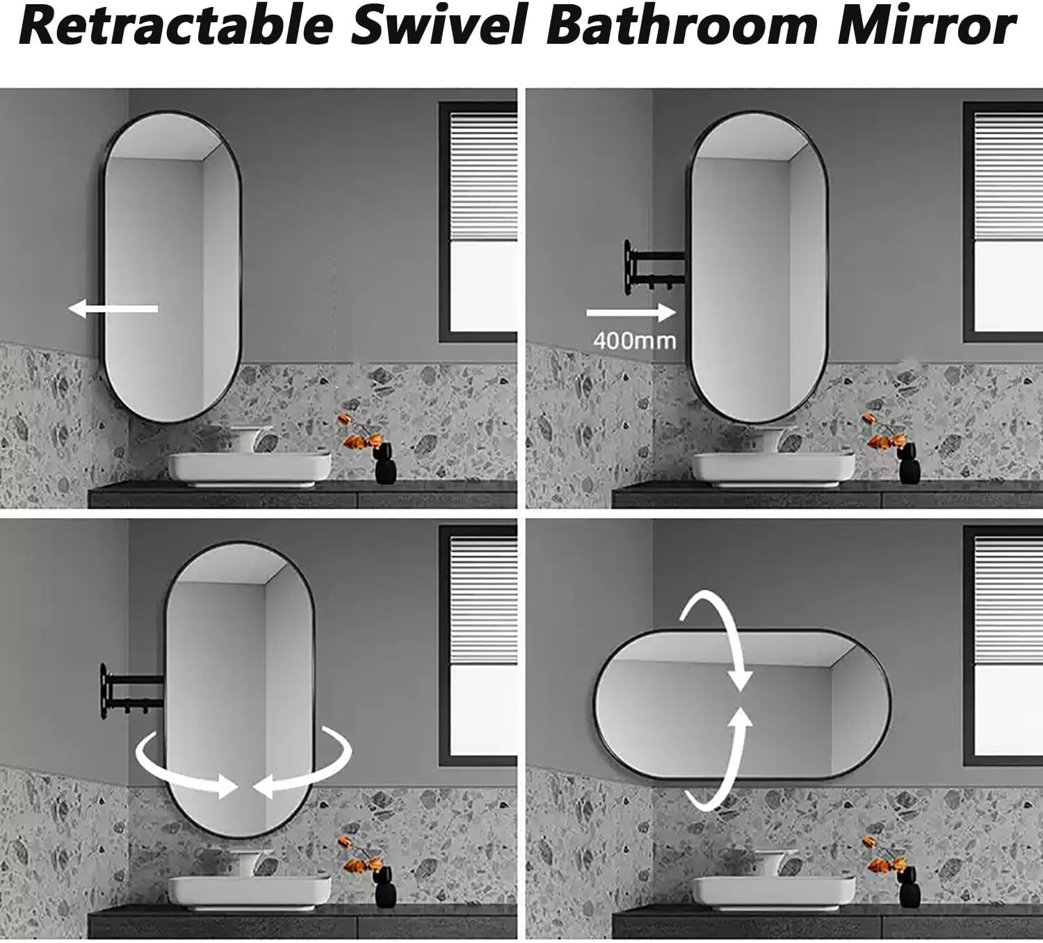 Wall Mounted Bathroom Mirror Oval Retractable Vanity Mirror Black/White Metal Frame 360° Rotation for Bedroom, Entryway, Living Room Decor(Black,40x70cm/16x28in)