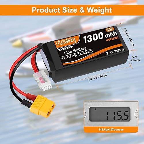 Miniatura 6 de Crazepony 3S Lipo Batería 1300mAh 50C 11.1V Lipo Batería con conector XT60 Plug para RC FPV Racing Drone Quadcopter RC Coche Barco Camión