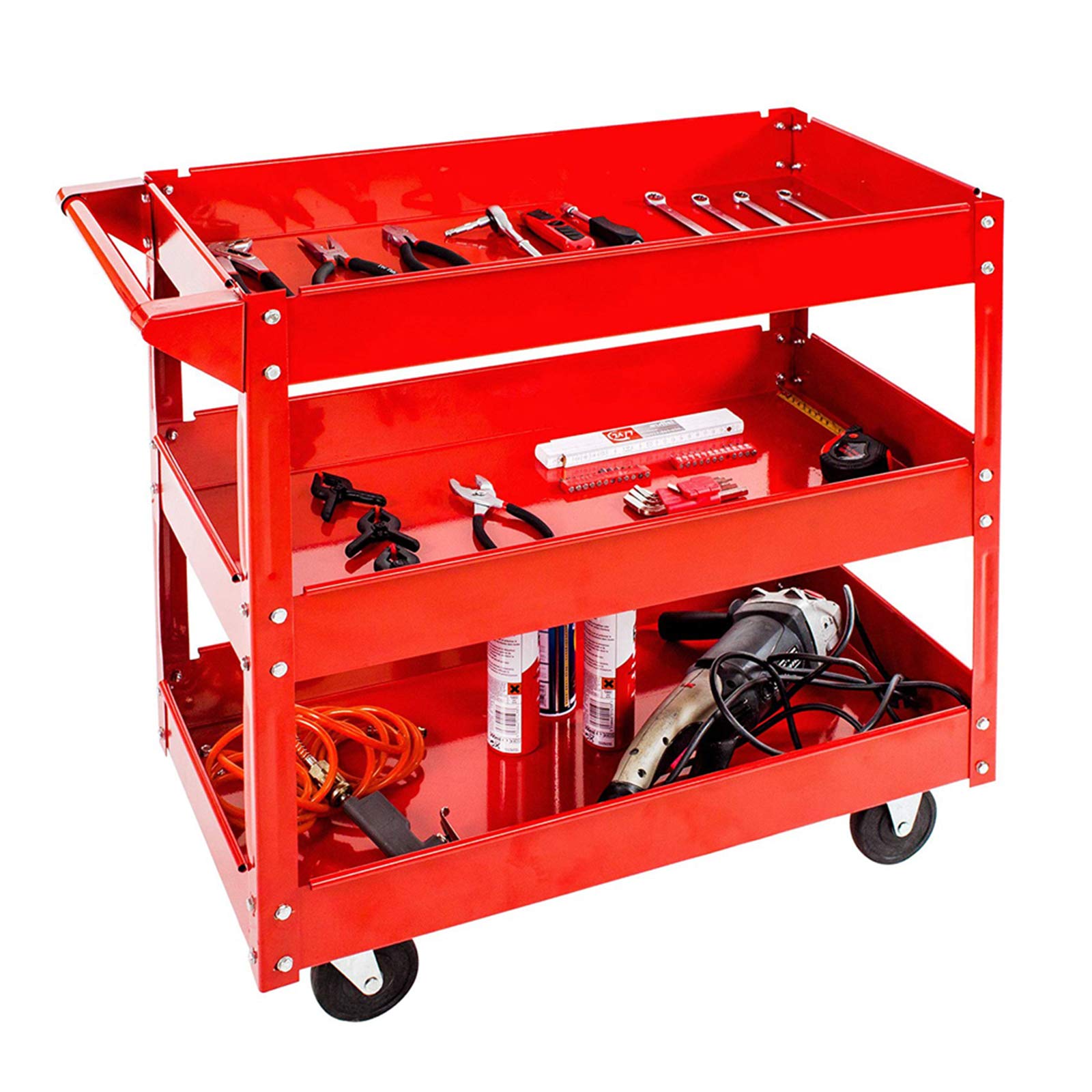 3-Level Garage Storage Tool Cart, Heavy Duty Workshop Wheel Parts and Trolley Cabinet Cart Tool