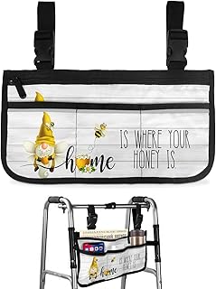 Yellow Bee Gnomes Wheelchair Side Bag Walker Bag, Spring Floral Sweet Honey on Wood Wheelchair Accessories Armrest Pouch, Organizer Storage Bag for Walkers, Rollators, Scooters, 7.3'x13'