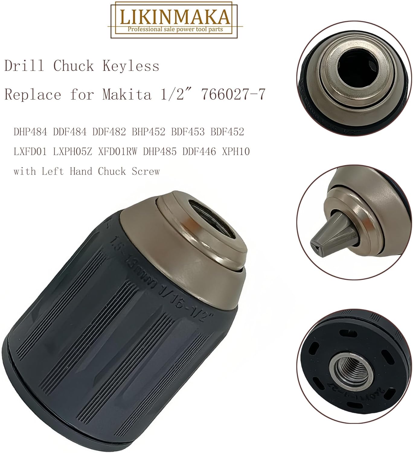 766008-1 766027-7 763241-6 Drill Chuck Keyless Replace for Makita 1/2" DHP484 DDF484 DDF482 BHP452 BDF453 BDF452 LXFD01 LXPH05Z XFD01RW DHP485 DDF446 XPH10 with Left Hand Chuck Screw 763193-1 763256-3