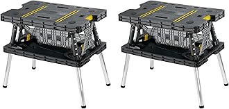 Keter Folding Portable Table Tool Stand Workbench with 2 12" Wood Clamps for Miter Saws, Home Improvement, and Construction, Black & Yellow (2 Pack)