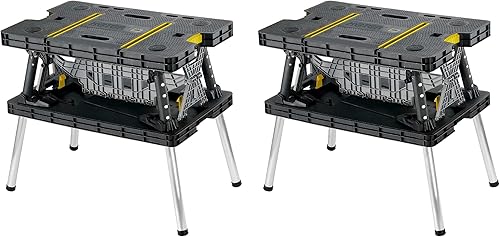 Keter Banco de trabajo plegable portátil para herramientas de mesa con 2 abrazaderas de madera de 12 pulgadas para sierras ingletadoras, mejoras del