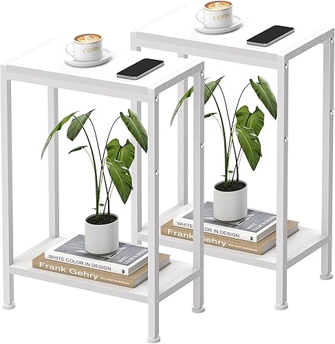 Miniatura 16 de Mesa auxiliar estrecha para espacios pequeños, mesa auxiliar pequeña de 3 niveles con soporte para estantes, mesita de noche delgada, mesa de sofá