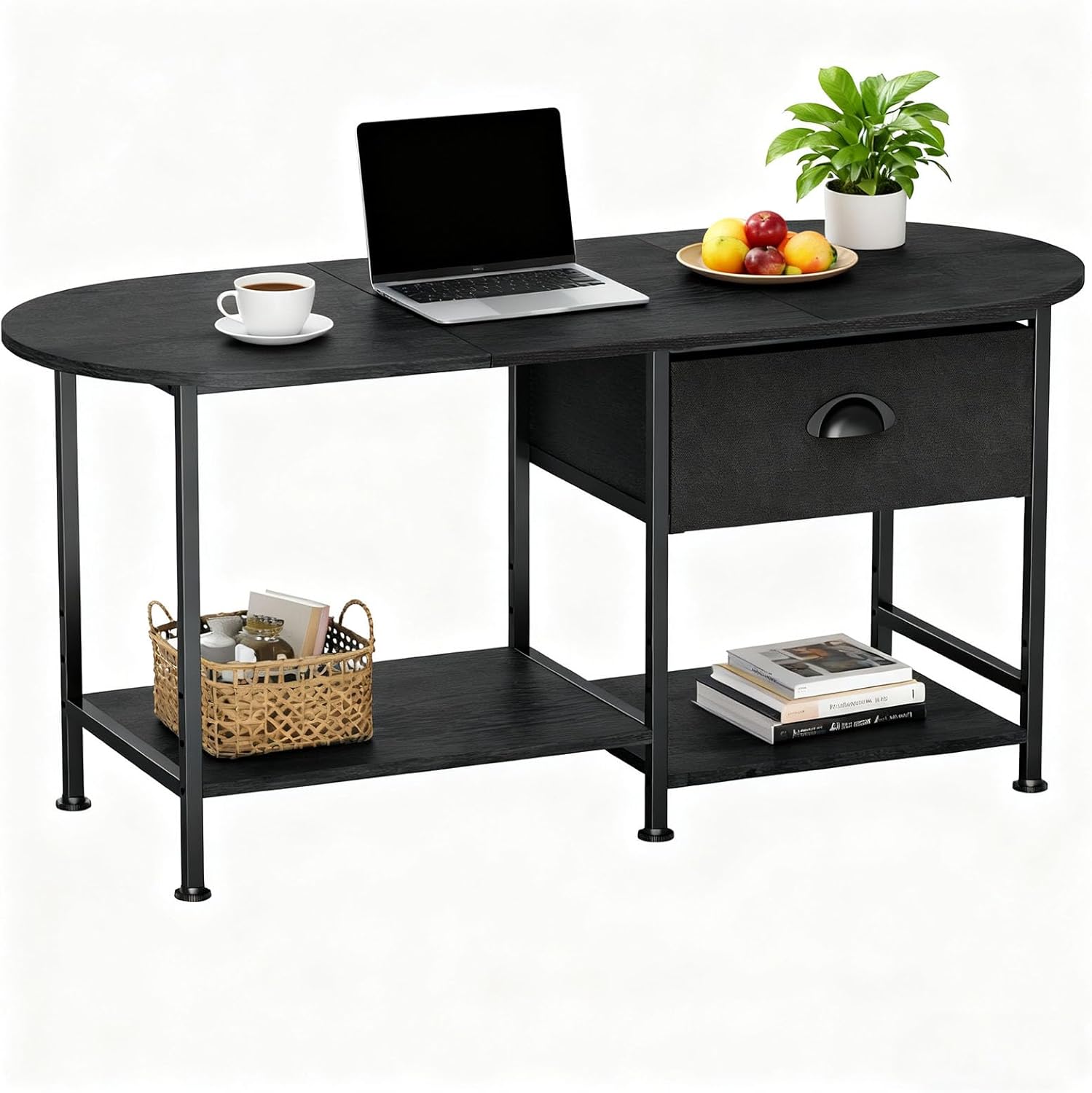 37" Oval Small Coffee Table with Storage,Modern Wood Living Room Center Table for Small Space,Apartment,Home Office,Drawer & Open Shelves,Easy Assembly,Black