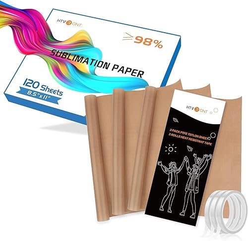 HTVRONT Papel de sublimación de 8.5 x 11 pulgadas, 120 hojas y 3 paquetes de papel de teflón de 12 x 16 pulgadas con 3 rollos de cinta térmica de
