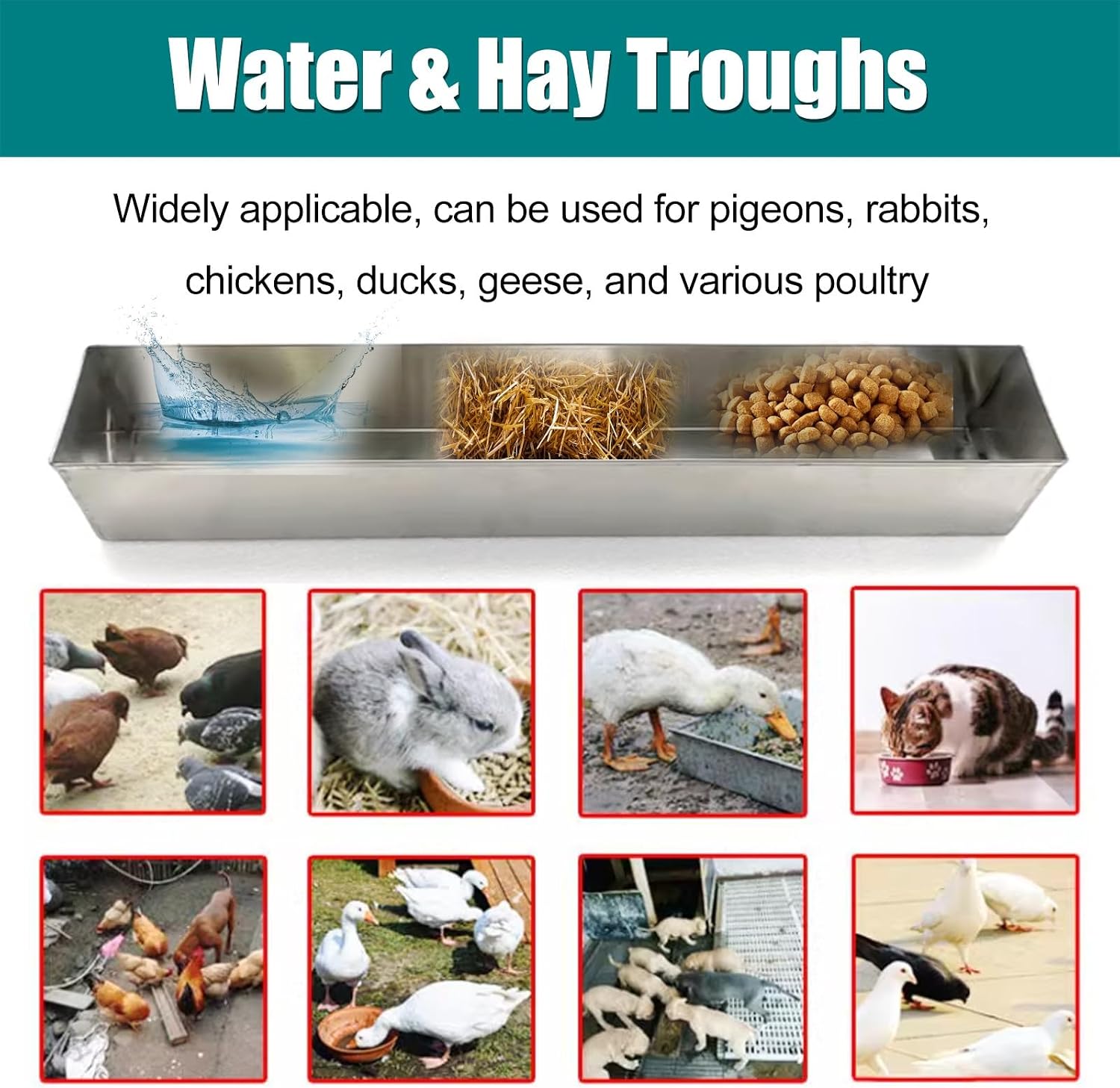 Animal Water Trough Outdoor 8 15 23 35 39 in, Pigeon Chicken Duck Goose Rabbits Hay Feeder, Stainless Steel Small Feeding Trough Set for Livestock/Poultry(H 7cm(2 3/4"),L 20cm (7 9/10"))