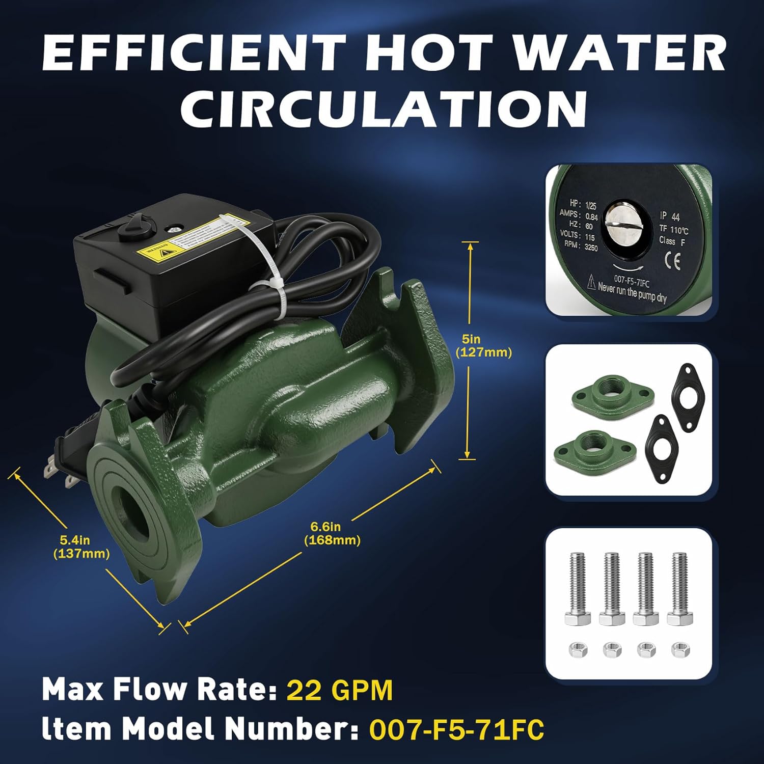 007-F5-7IFC Cast Iron Circulator Pump, 3-Speed Hot Water Circulation Pump With Built-In Check Valve, Quiet Operation For Floor Heating And Hot Water Circulator Pump System