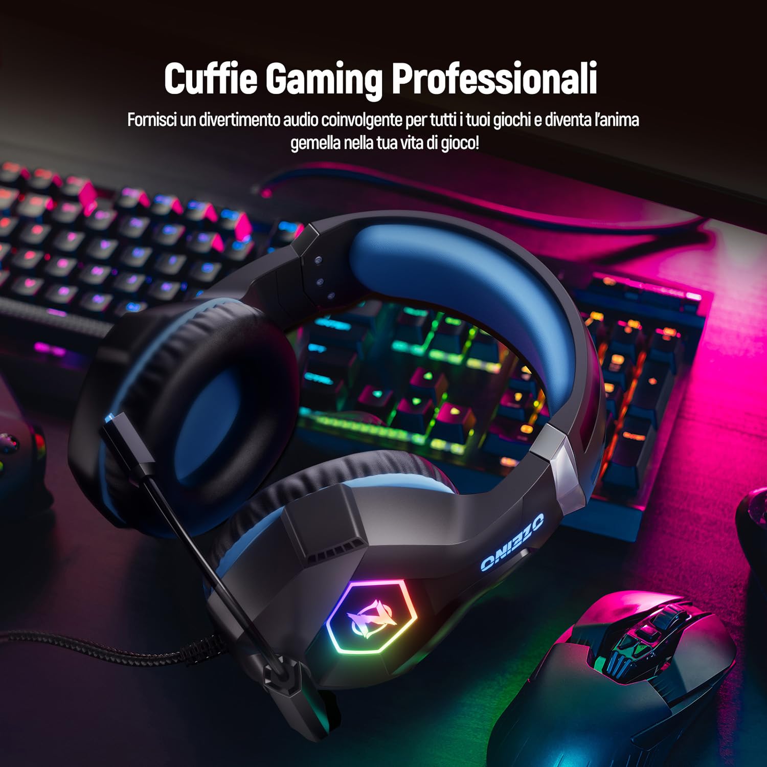 Ozeino Cuffie Gaming per Ps4 Ps5 PC Xboxone, Cuffie con Microfono Cancellazione del Rumore, 3D Surround Sound, Cuffie Comfort con LED RGB