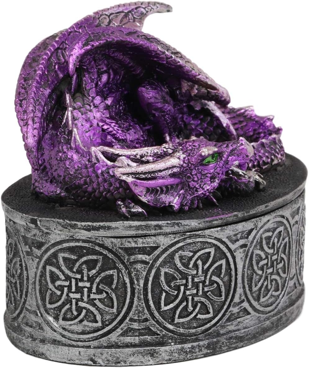 Ebros Gift Sleeping Purple Dragon Decorative Oval Trinket Jewelry Box Figurine With Celtic Knotwork 5" Wide Medieval Renaissance Winged Alchemy Magic Fantasy Dungeons Dragons Decorative Statue
