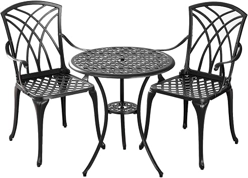 Outdoor 3 Piece Bistro Set,Round Patio Bistro Set with Umbrella Hole, Anti Rust Cast Aluminum Bistro Table and Chairs Furniture Set, Suitable for Patio,Garden,Woven Black