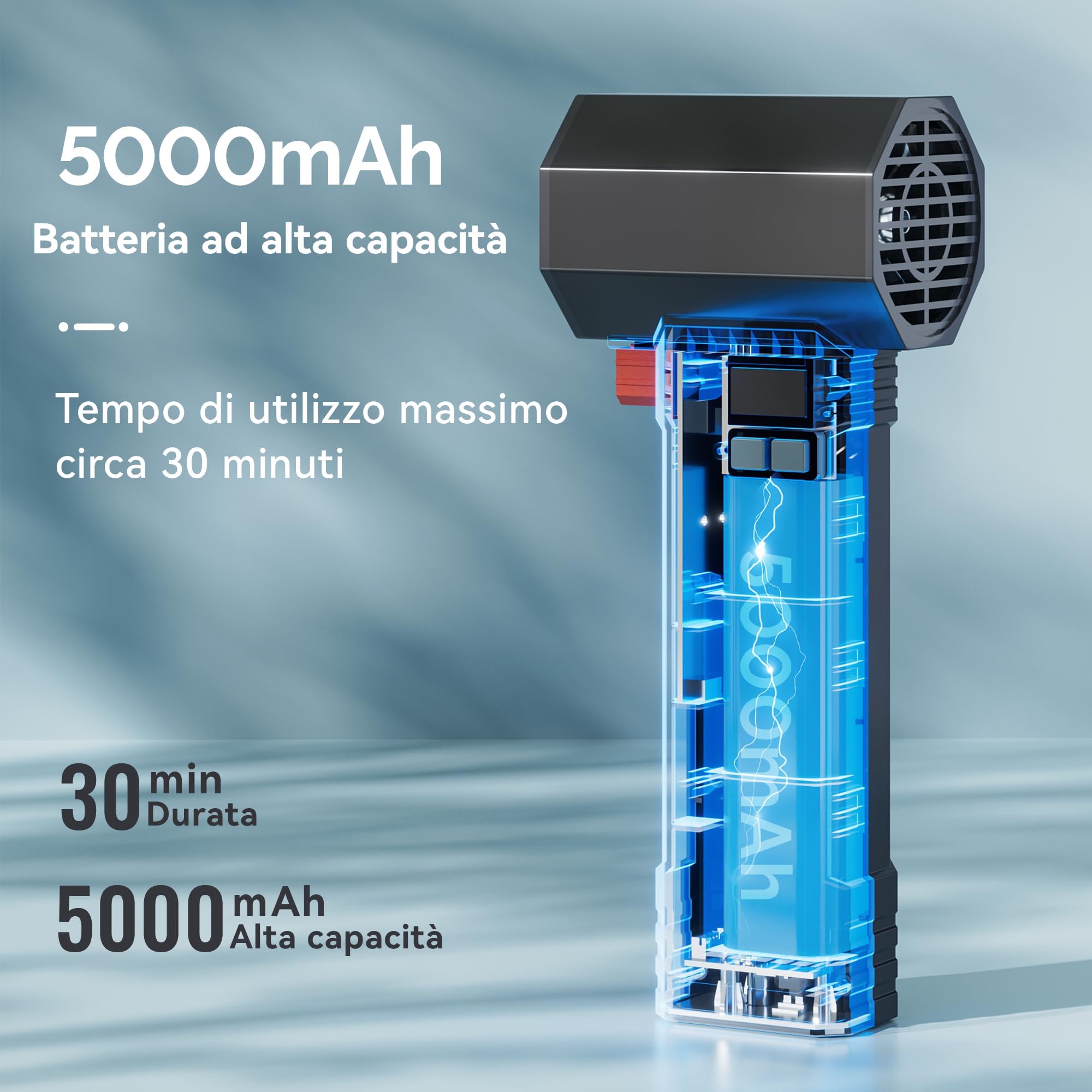 Soffiatore d'aria per auto con LED, 1600 G e 220 MPH, potente ventilatore turbo per asciugatura auto, 4 velocità, soffiatore elettrico per dettagli auto, soffiatore per foglie (Nero argenteo)