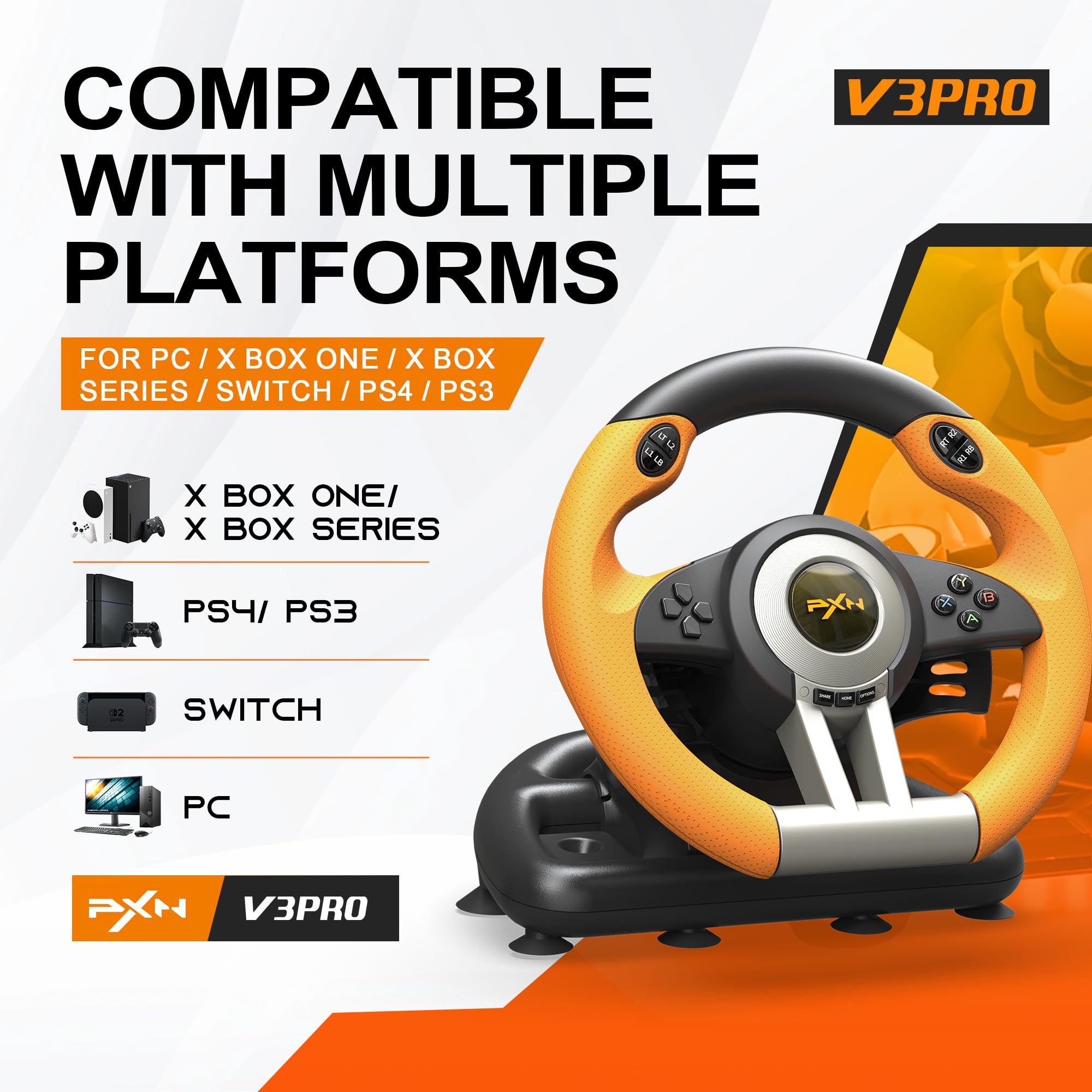 PXN V3 PRO Racing Wheel, Volante Universale da 180 Gradi USB per Auto Sim Race con Pedali per PS3, PS4, Xbox One, Switch -Arancia