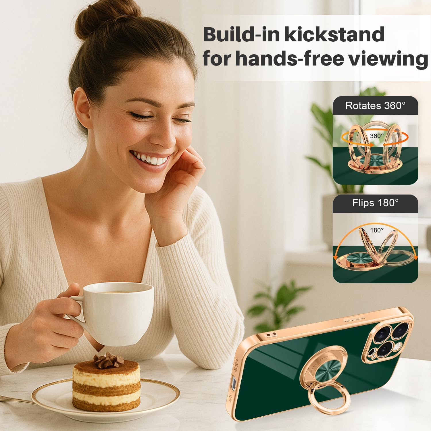 Dinick Designed for iPhone 15 Pro Max Case with Ring Holder Soft TPU Bumper Glitter Plated Slim Cover for Women Men Finger Stand for iPhone 15 Pro Max Case Green and Gold - Image 5