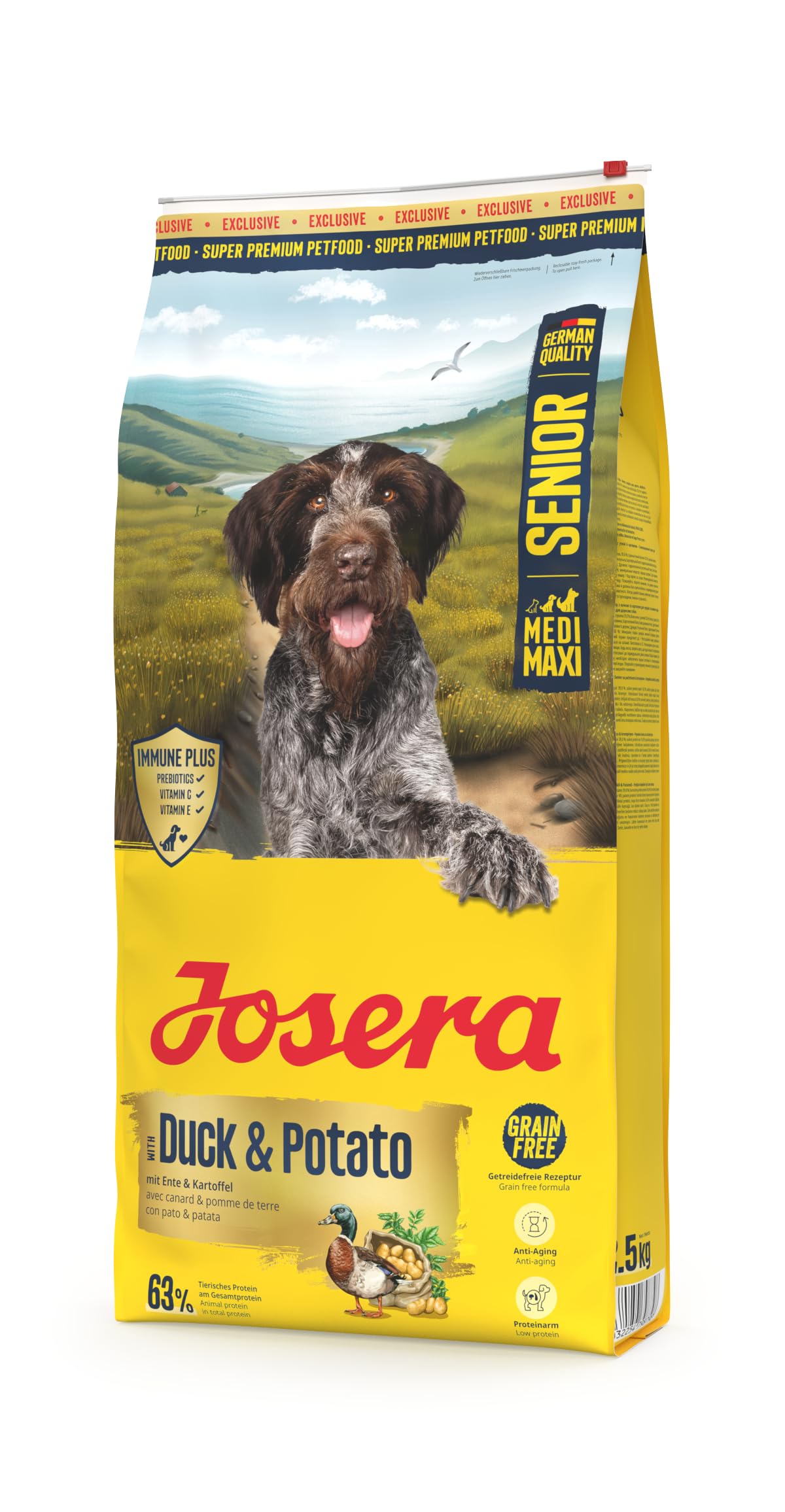 JOSERA Senior Ente & Kartoffel (1 x 12,5 kg) | Premium Trockenfutter für ältere Hunde großer Größen | leckere Ente & Kartoffel | getreidefrei | Immune Plus Komplex | 1er Pack