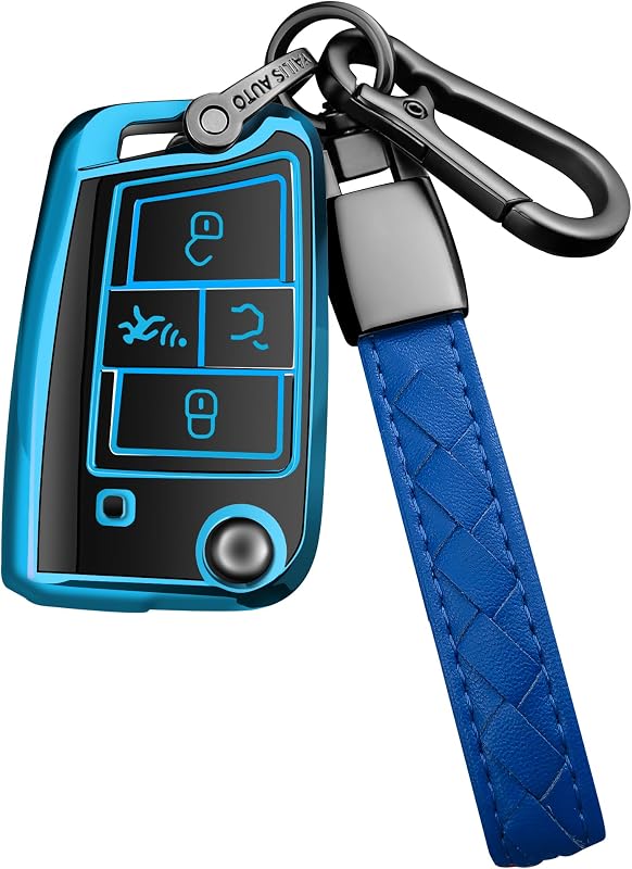Capa de Chave Automotiva Sindeda em TPU Azul com Chaveiro para Volkswagen Tiguan, Golf, Jetta, Polo, Atlas e Skoda