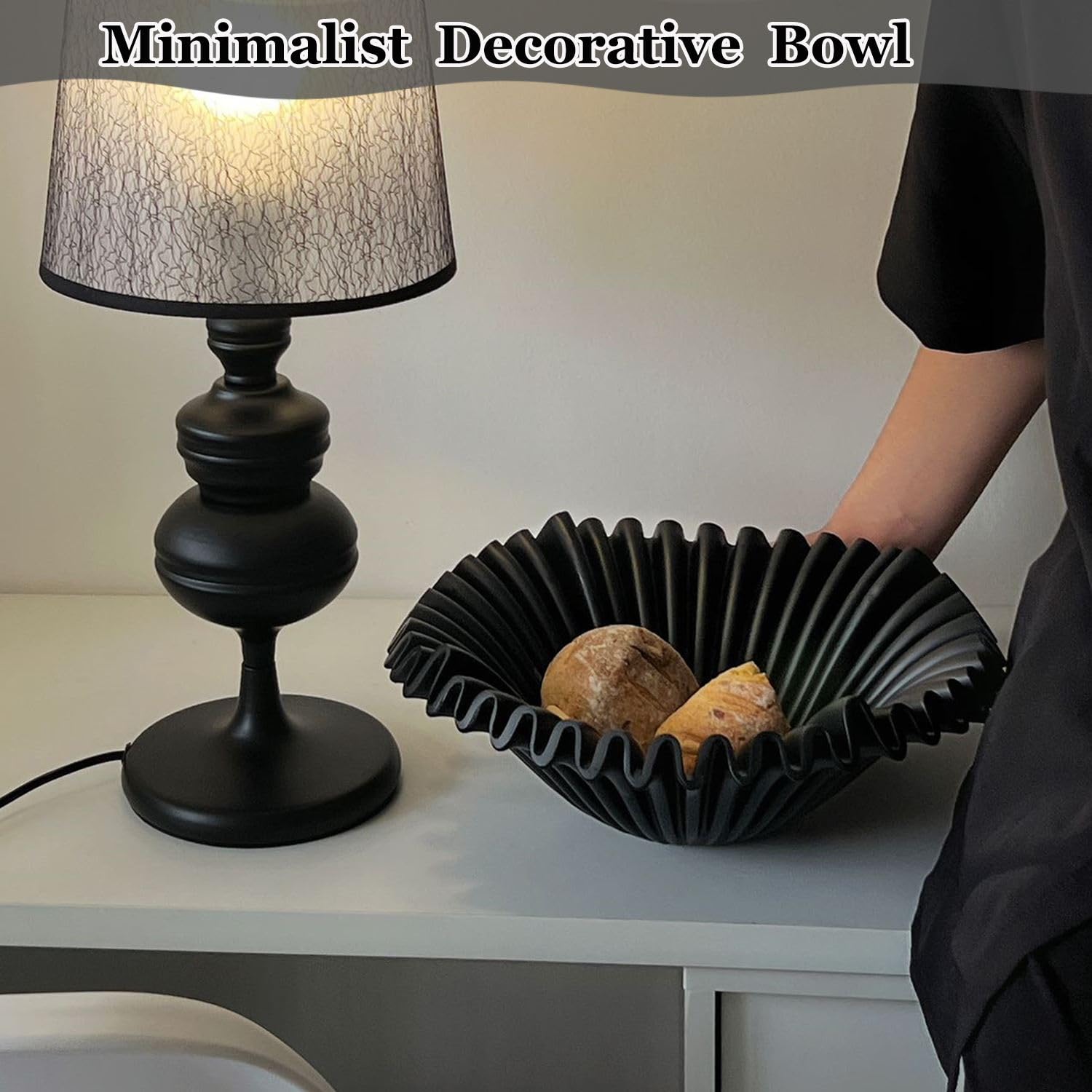 XDONEF Large Decorative Bowl Scalloped Decor Bowl Black Fruit Bowl for Kitchen Counter Modern Decorative Dish for Home Decor Ruffle Key Bowls for Entryway Table 11.4in