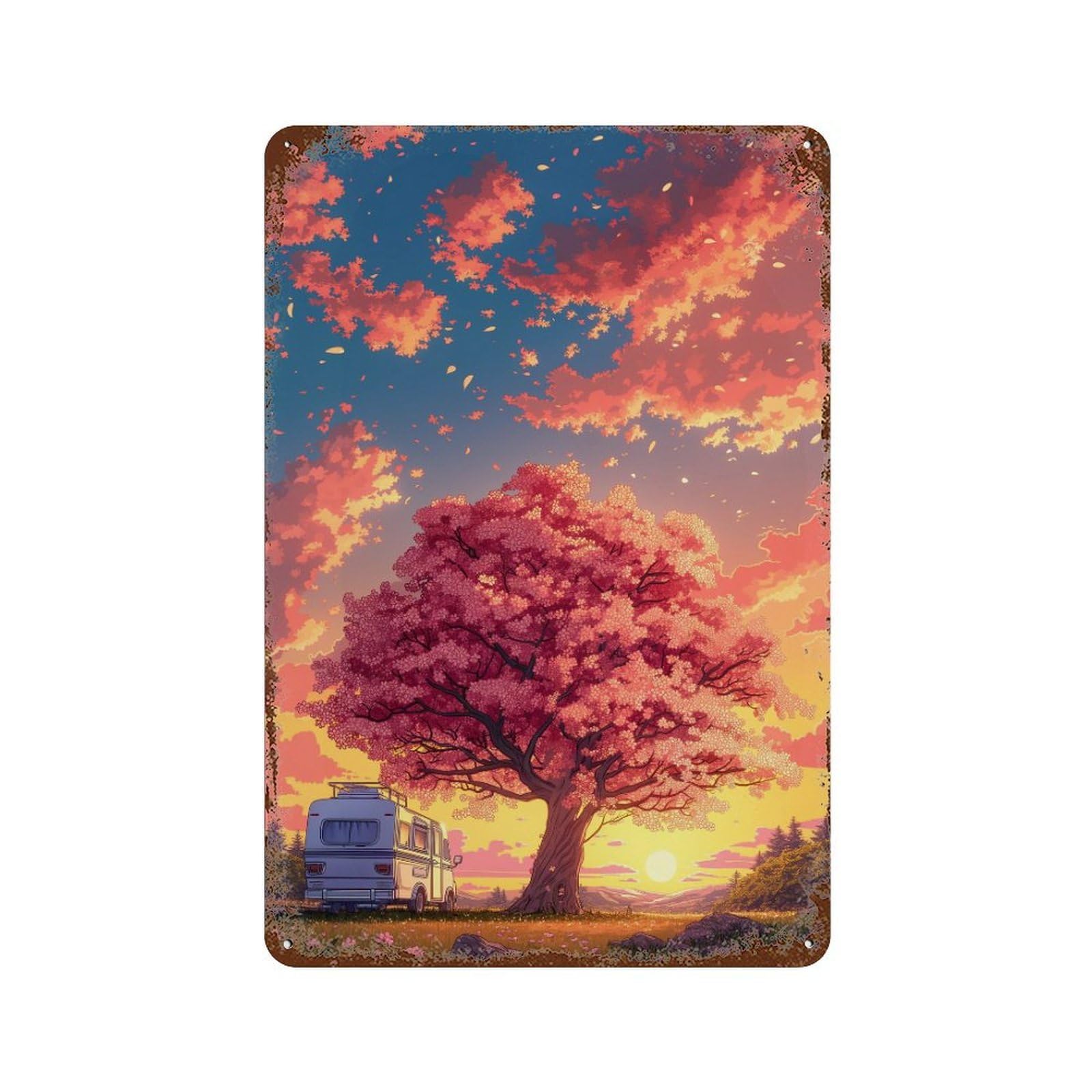 Rustic Tin Plaque Cherry Blossom Camper Sunset-1 11.8"x7.9", Vintage Wall Decor for Pub, Kitchen And Man Cave Decor