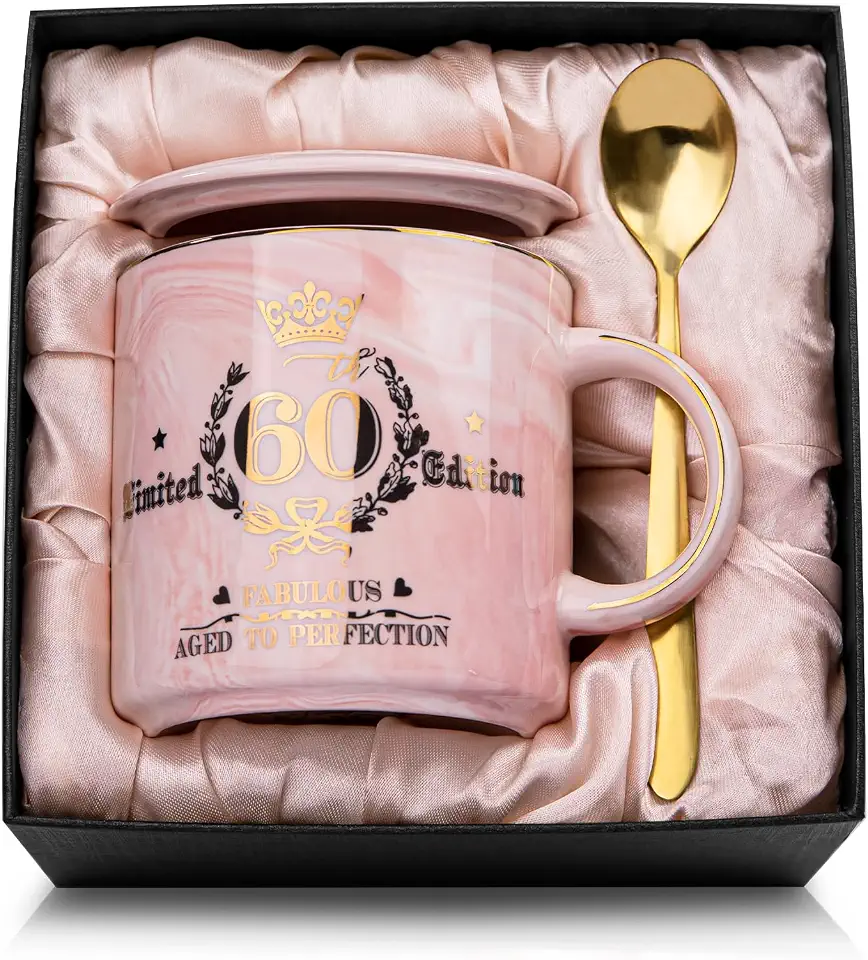 Presentes de aniversário de 60 anos para mulheres - Fabulous 1966 Aged to Perfection Caneca de feliz aniversário - Caneca de café rosa 60 edição limitada impressa com ouro, ideia de presente para