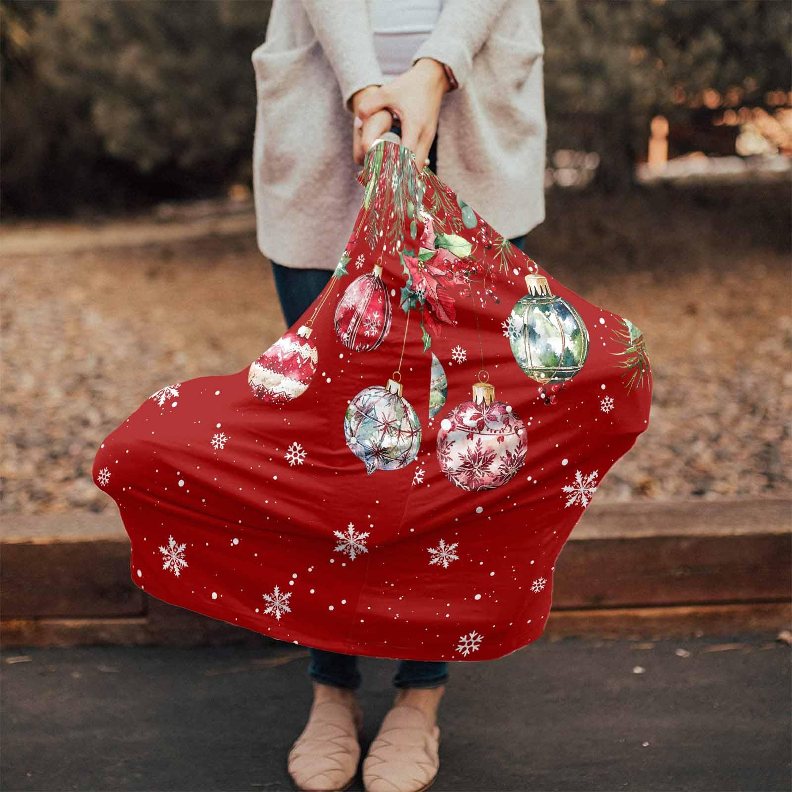 Nursing Cover for Breastfeeding Scarf, Red Vintage Christmas Ornaments Ball Poinsettia Leaves Baby Car Covers Super Soft Multi Use for Canopy Shopping Cart Cover Blanket Stroller Cover