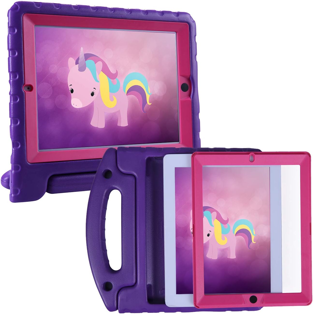 HDE Case for iPad 2 3 4 Kids Shockproof bumper Hard Cover Handle Stand with Built in Screen Protector for Apple iPad 2nd 3rd 4th Generation (Purple Pink)