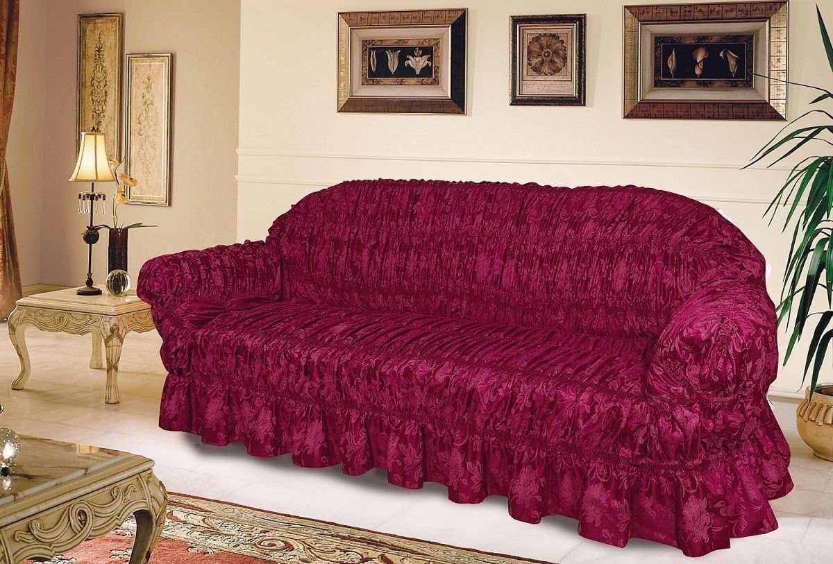Massari JACQUARD SOFA ARM CHAIR COVERS 1,2,3 One,Two,Three SEATER UNIVERSAL FIT PET PROTECTOR THROW (One seater, Burgundy)