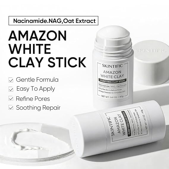 SKINTIFIC Amazonian White Clay Purifying Stick, Deep Clean Pores Mud Mask with Volcanic Soil, Pore Minimizer, Gentle Exfoliating, Refines Pores, Smoothing Skin, Non-Drying, Skincare Facial Mask