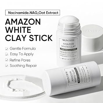 SKINTIFIC Amazonian White Clay Purifying Stick, Deep Clean Pores Mud Mask with Volcanic Soil, Pore Minimizer, Gentle Exfoliating, Refines Pores, Smoothing Skin, Non-Drying, Skincare Facial Mask