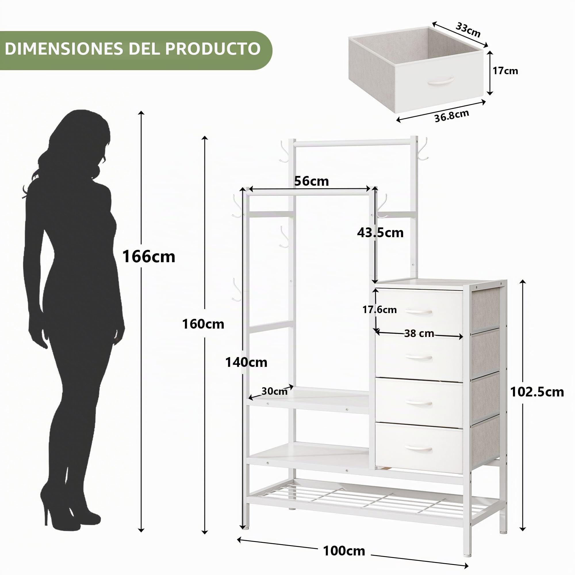 FEONASE Cómoda 3 en 1 para Dormitorio, Incluye 4 Cajones De Tela, con 2 Percheros y 5 Ganchos para Abrigos, El diseño Inferior De Almacenamiento De Tres Capas Puede Contener Zapatos, Bolsos, Ropa y