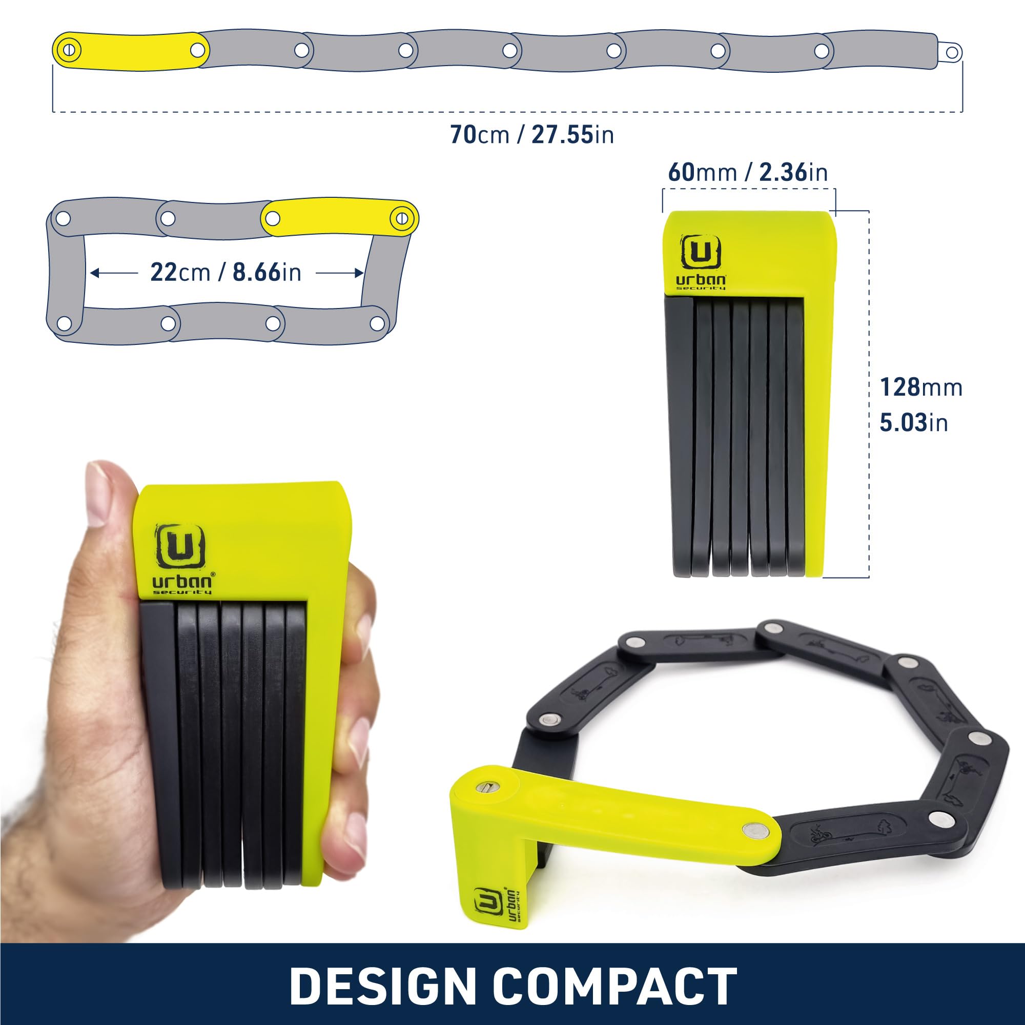 URBAN UR469Y Cadenas Velo Pliable, Visible, 70cm Plus Compact, Plus Facile à Transporter Sans Bruit, Protection Anti-rayures, Anti vol avec Serrure Haute Sécurité, Polyvalent pour Vélo Trottinette