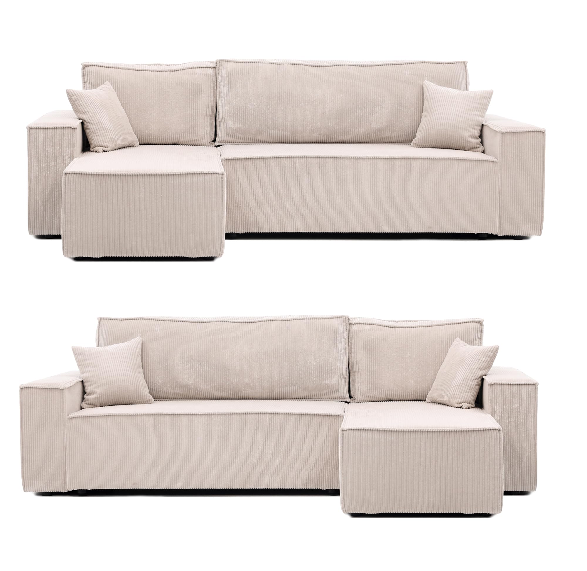 GREKPOL 244x145 Sofa mit Schlaffunktion (200x125) - Cord Sofa 3 Sitzer - Beige Ecksofa mit Schlaffunktion und Bettkasten - Schlafsofa mit Bettkasten - Couch