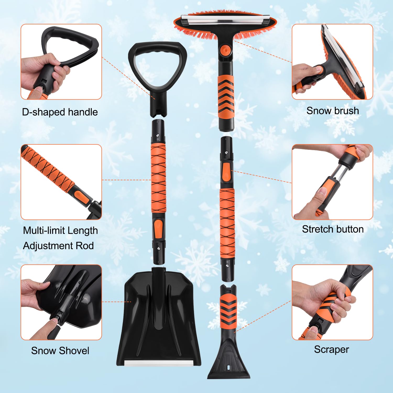 Auto Schneebesen und Schaufel Kit, 106,7 cm ausziehbarer Eiskratzer mit 180° schwenkbarem Kopf & ergonomischem Griff – 99,1 cm zusammenklappbare Notfall-Schneeschaufel für Auto, SUV, LKW