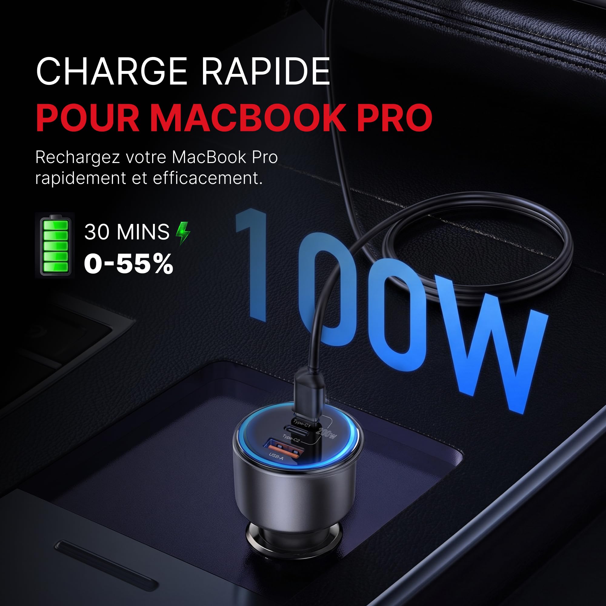 Yesido Y59 - Cargador de coche (200 W, USB-C PD 100 W, 100 W, control de calidad y 18 W), color