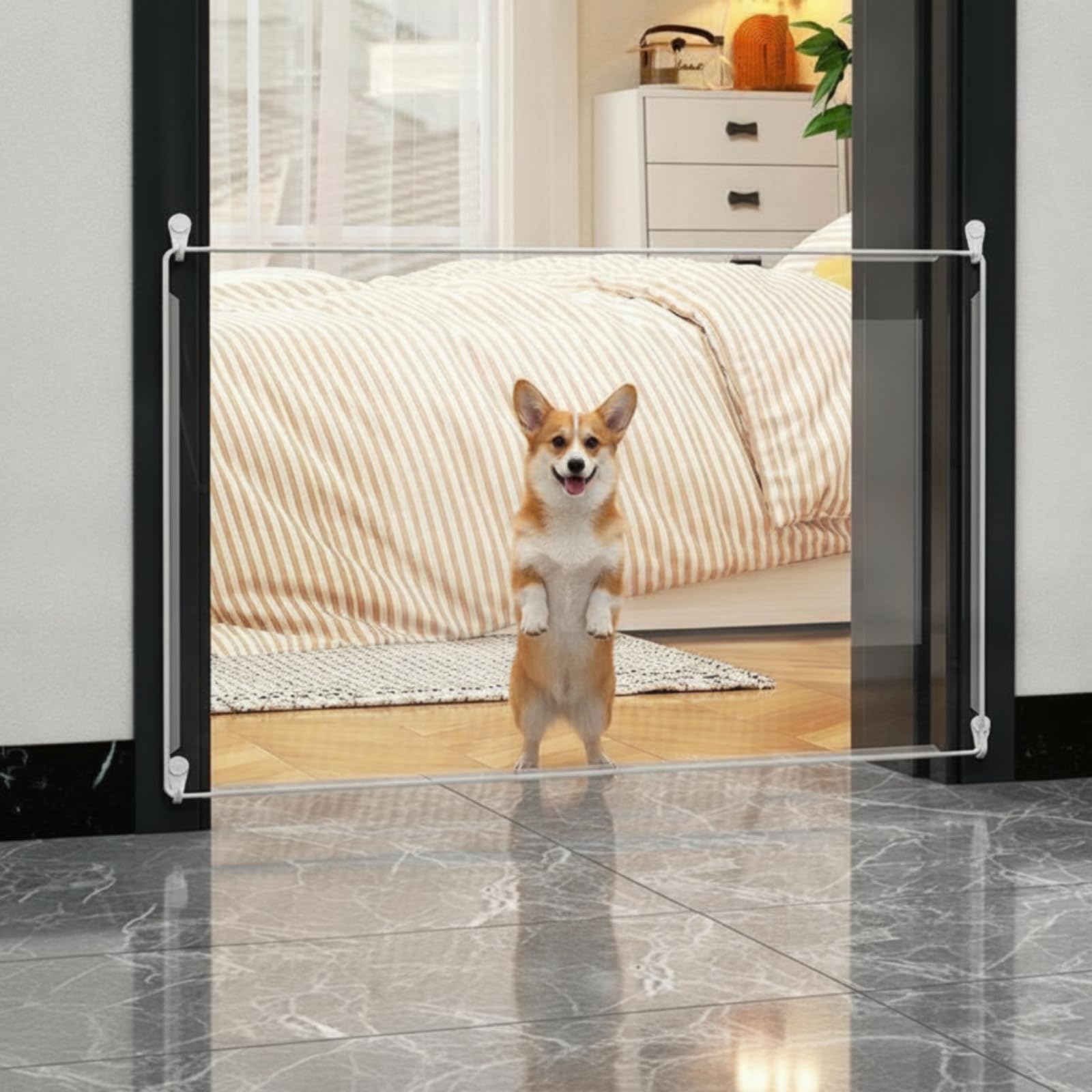 Pet Absperrgitter Haustierbarriere Katzentor Hundegitter Schutzzaun Durchsichtige Elemente Stabiler Rahmen Variabel Anordnung Ohne Dübel für Flur, Länge 100 cm, Höhe 100 cm