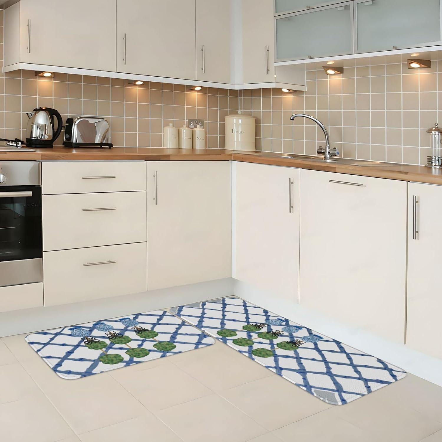 Kitchen Mats for Floor 2 Piece Set, Topiary Chinoiserie Ginger Jar1 Kitchen Rugs, Cushioned Kitchen Mat for Standing Washable Comfort Desk Kitchen Runners