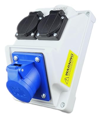 RoadEu - Power Distribution Box - 16Amp 3P Socket and 2X Standard 13 Amp Socket 250V - Monophase Wall Mounted Combination Socket. IP44 - Ideal for use in workshops, Sheds and Gardens.
