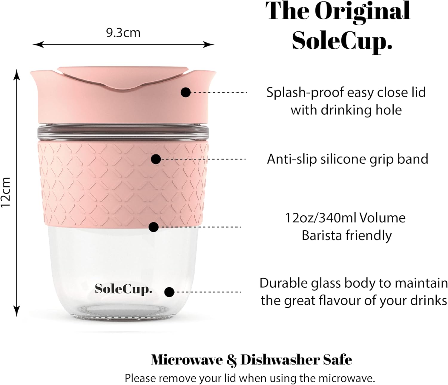 Reusable Strengthened Glass Travel Cup - Spill Proof Insulated Coffee Mug - 12oz/340ml BPA-Free Hot Drink Travel Mug with Lid & Silicone Band (Pink, 12oz) - Image 2